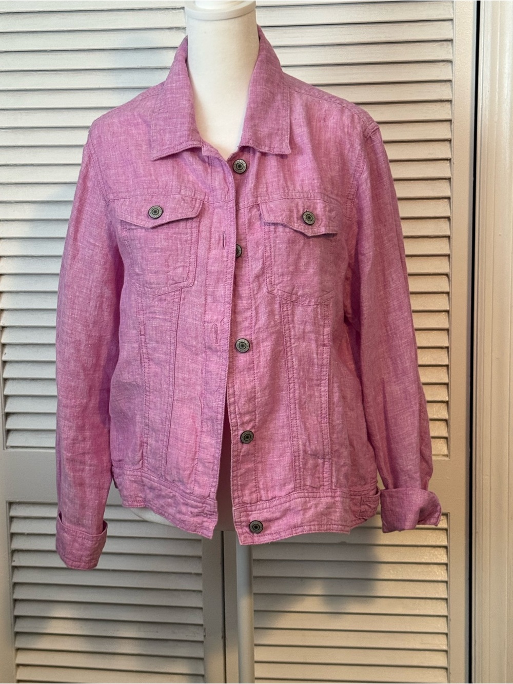 Trucker Jacket 100% Linen Jones New York Women’s Pink Button-Front Summer Preppy